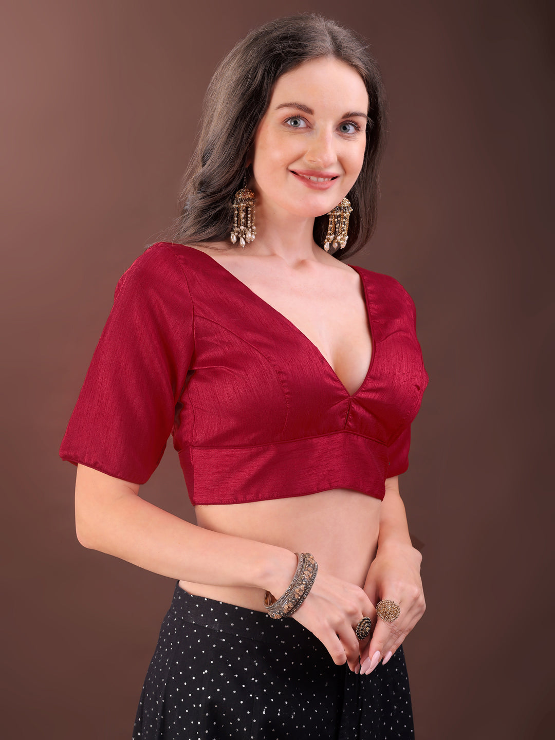 Red colour dupion half sleeves blouse